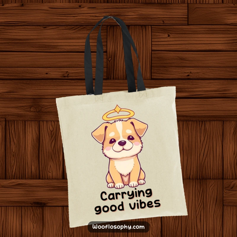 Funny halo dog tote bag, a dog wearing a halo, looking serene and wise, ideal for carrying daily items.