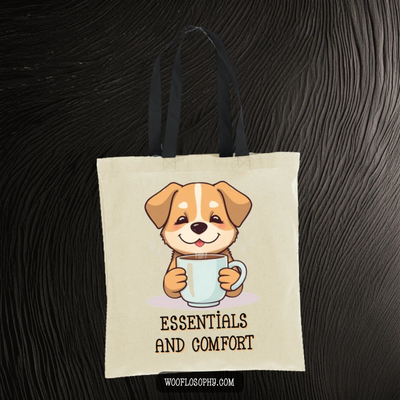 Funny dog relaxing with a steaming mug, depicted on a tote bag, a perfect funny gift for serenity.