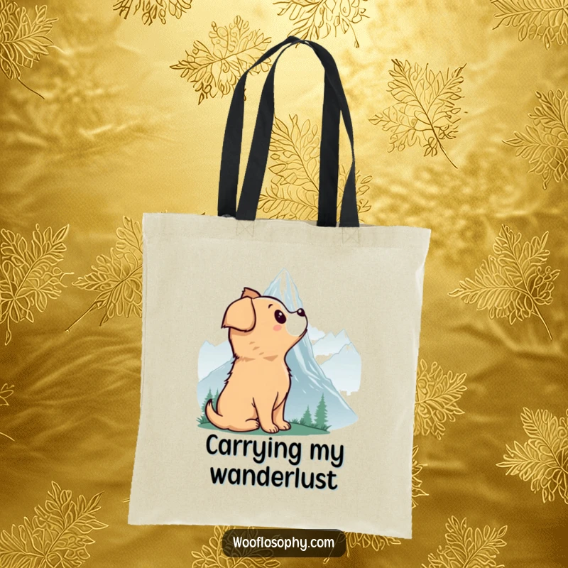 Funny tote bag showcasing a dog with a look of wonder at a misty mountain, symbolizing exploration and joy.