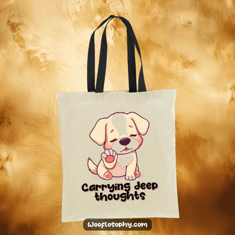 Funny tote bag showing a dog looking at its paw with comical, profound discovery, perfect for daily errands.