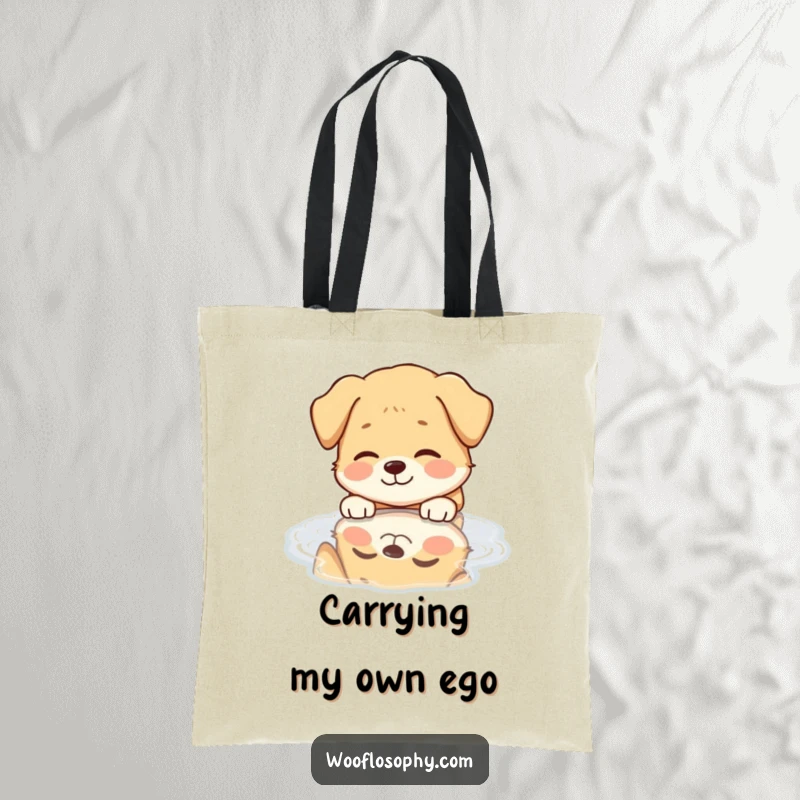 Funny Dog Tote Bag: A dog beams with happiness as it sees its own reflection in a calm puddle.