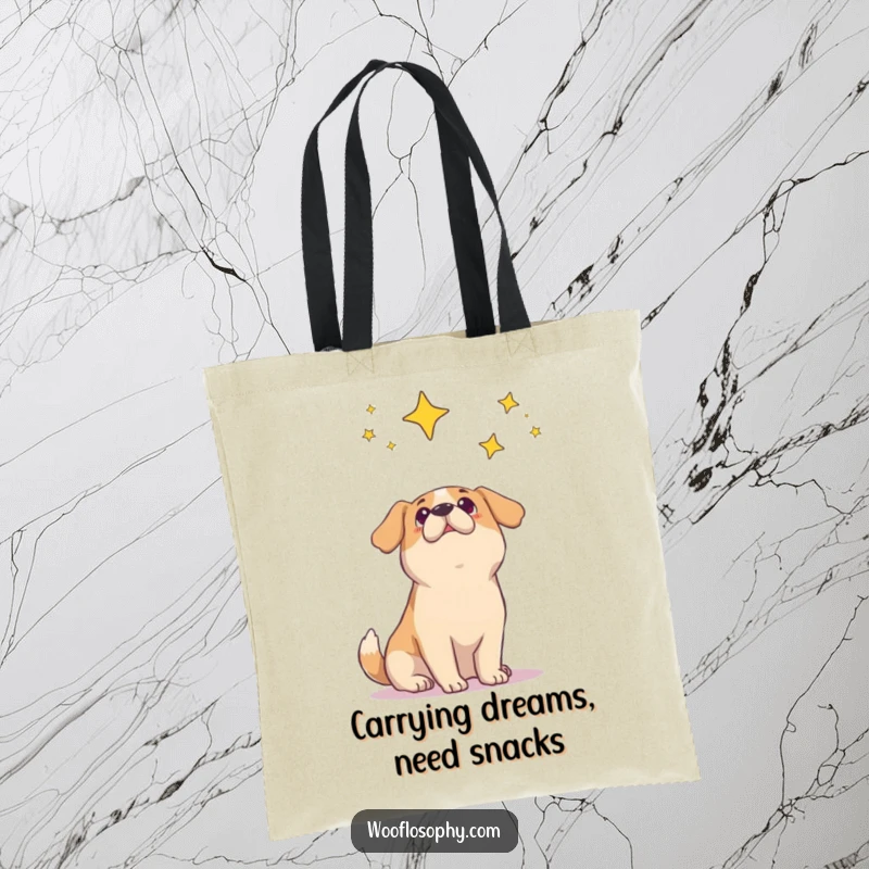 Funny dog tote bag featuring a dog looking up at the stars with a sense of awe and curiosity.