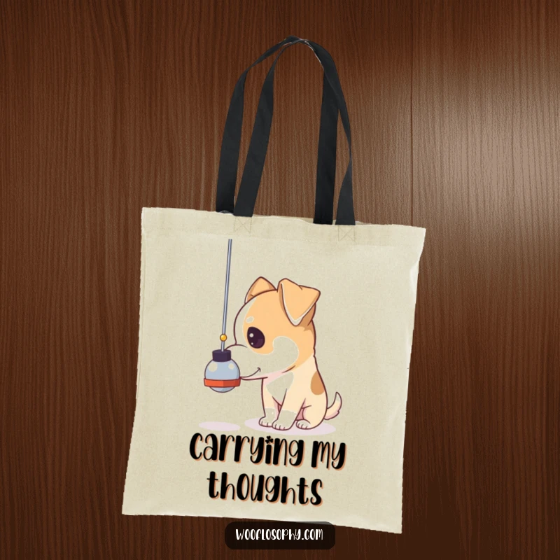 Funny pendulum dog tote bag, a dog gazing thoughtfully at a swinging pendulum, ideal for carrying daily items.