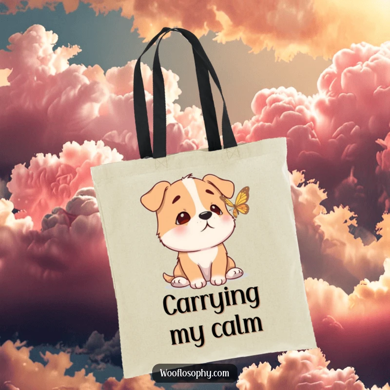 Funny tote bag with a dog having a calm expression while watching a butterfly flutter by, symbolizing tranquility.