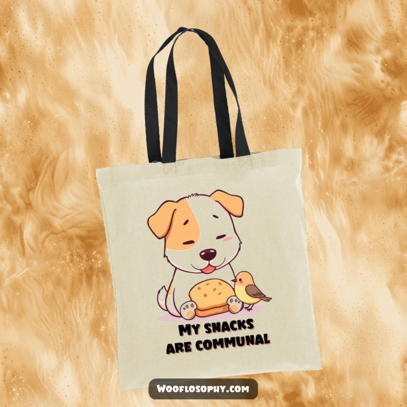 Funny tote bag illustrating a dog generously sharing a tiny bread loaf with a small bird, perfect for carrying groceries with a smile.